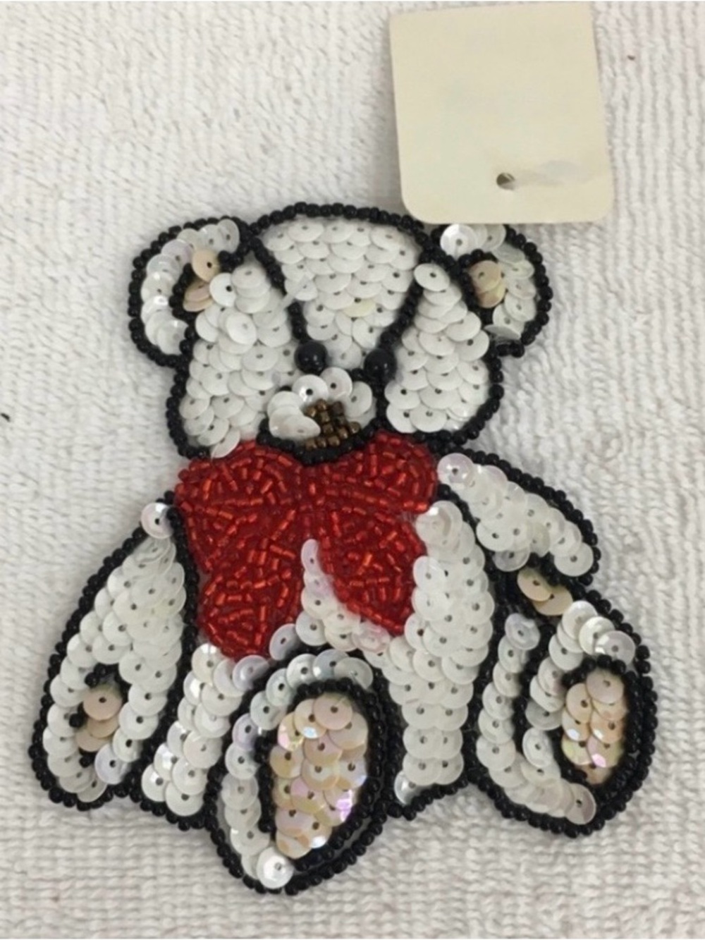 Brand New Vintage 90s Small White Teddy Bear Sequins Beaded Appliqué DIY Classic
